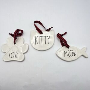 Rae Dunn Ceramic Christmas Ornaments LOVE, KITTY, MEOW Set of 3 Flat White